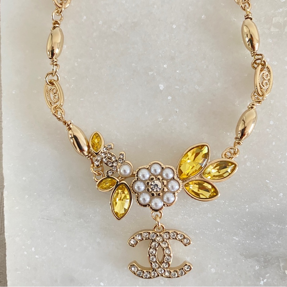 Gold CC Floral crystal pearl Necklace